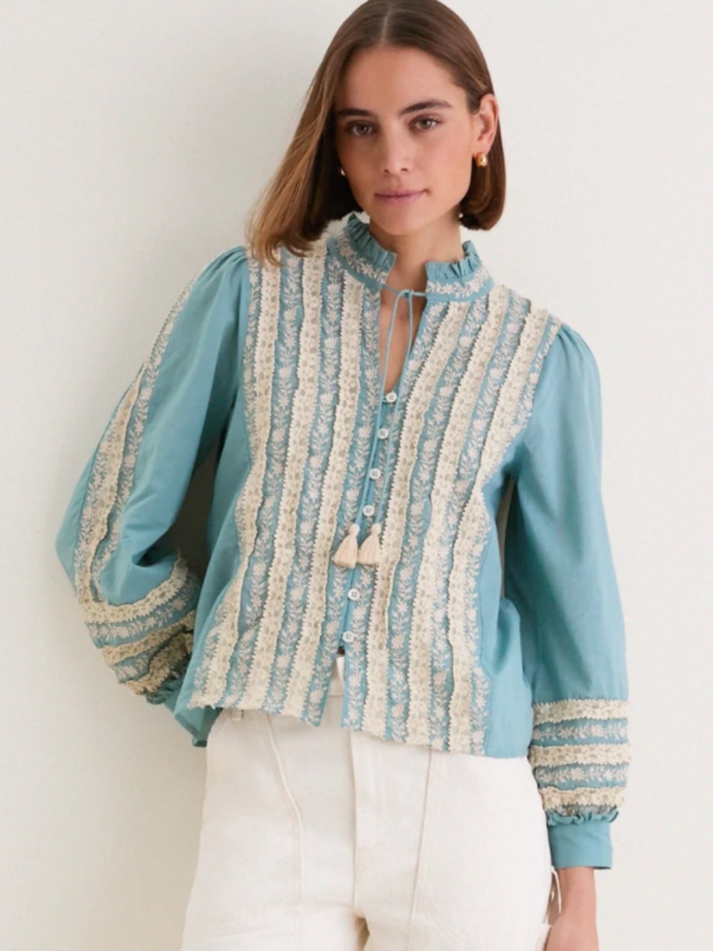 Sea New York NWT Kirsten Blue Embroidered Tassel Peasant Blouse 100% Cotton M